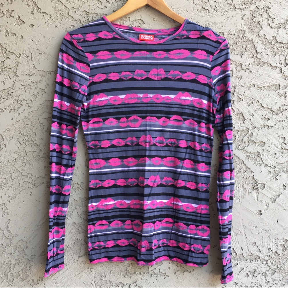 LIPS Graphic T-Shirt Long Sleeve Pink Grey Top